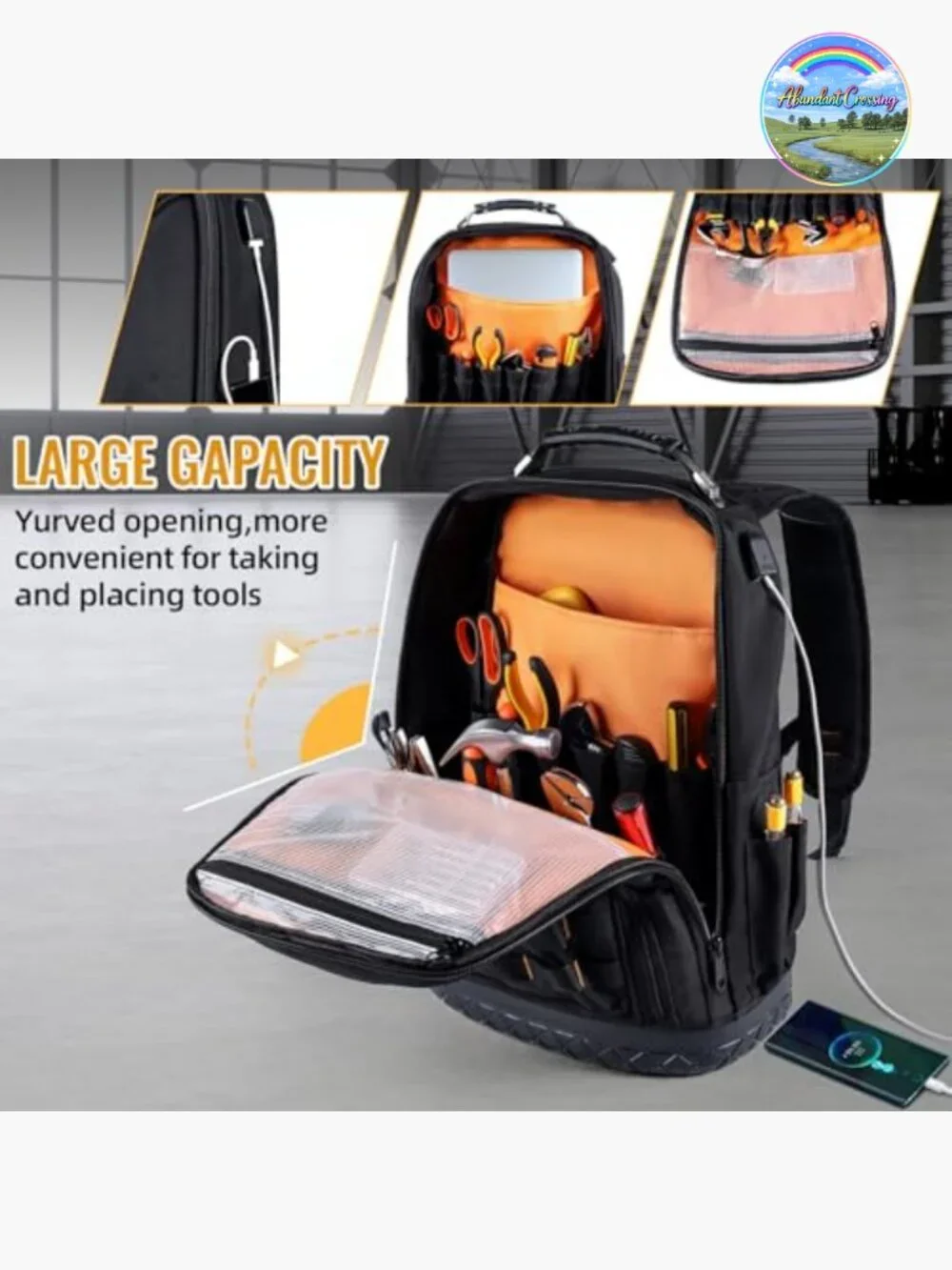 Heavy Duty Tool Backpack, Waterproof Oxford Fabric with Plastic Base, 44